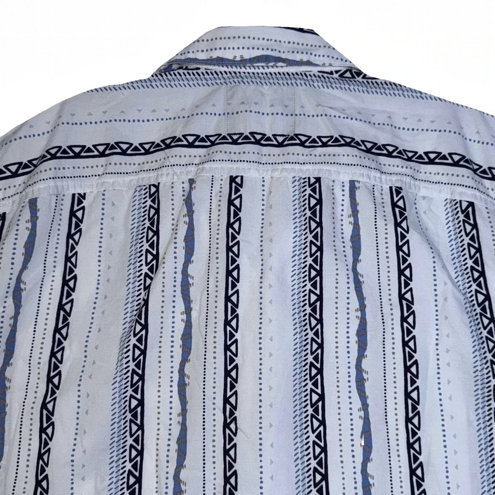 Hollister‎ Mens Short Sleeve Button Down Shirt White Blue Tribal Stripe Large